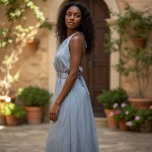 Grade & Gather Blue Pinstripe Halter Neck Maxi Dress Hourglass Spring Size Small